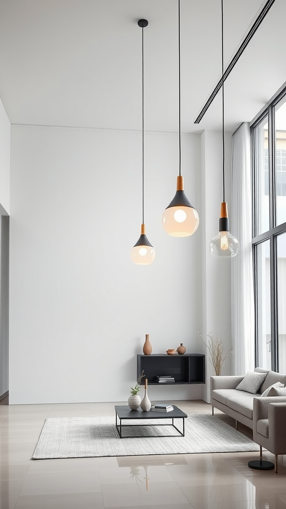 A stylish living room featuring three minimalist pendant lamps hanging from the ceiling.