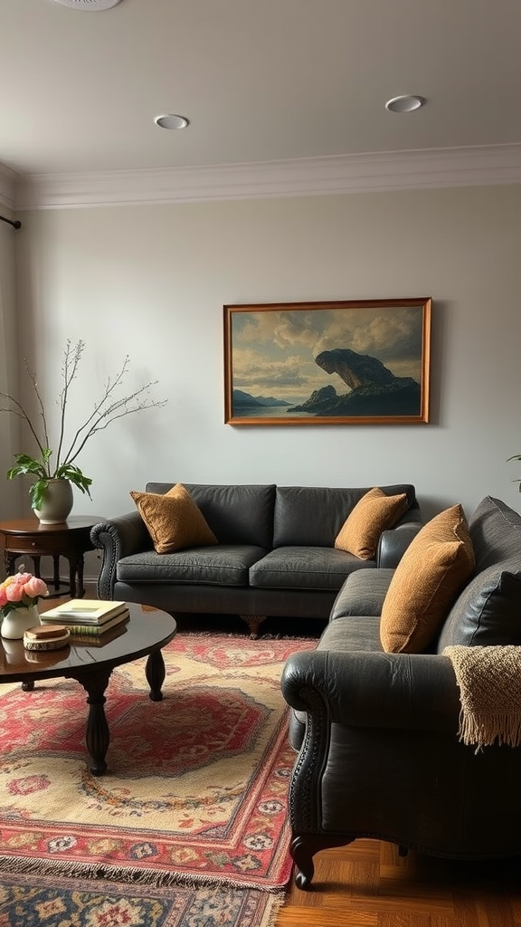 Cozy living room with black leather sofas and patterned rug