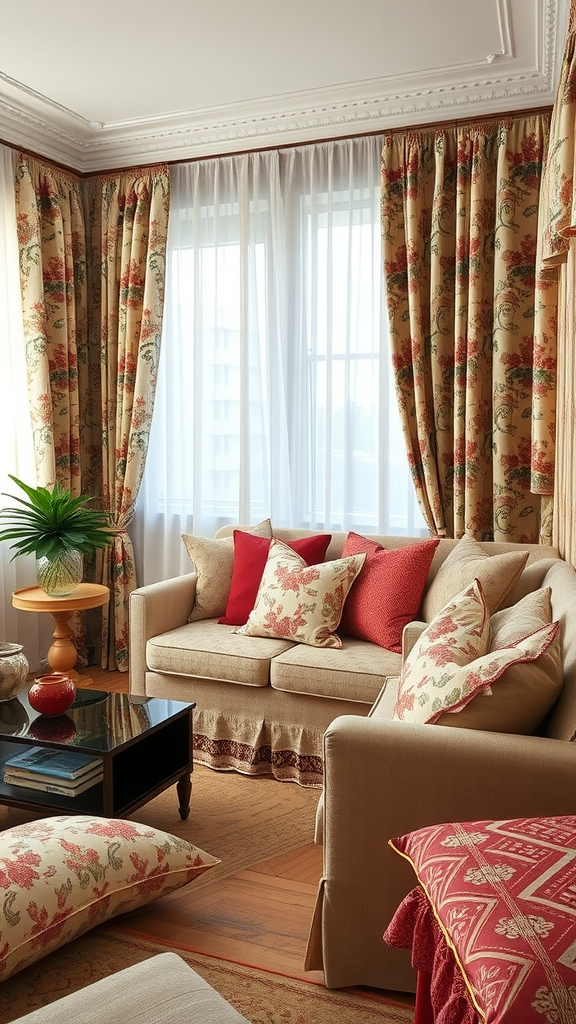 A cozy living room with patterned curtains, cushions, and a coffee table.