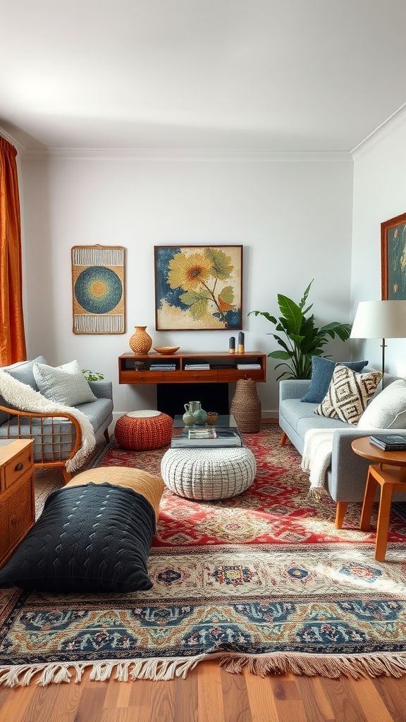 A stylish living room featuring mixed textures with rugs, pillows, and plants.