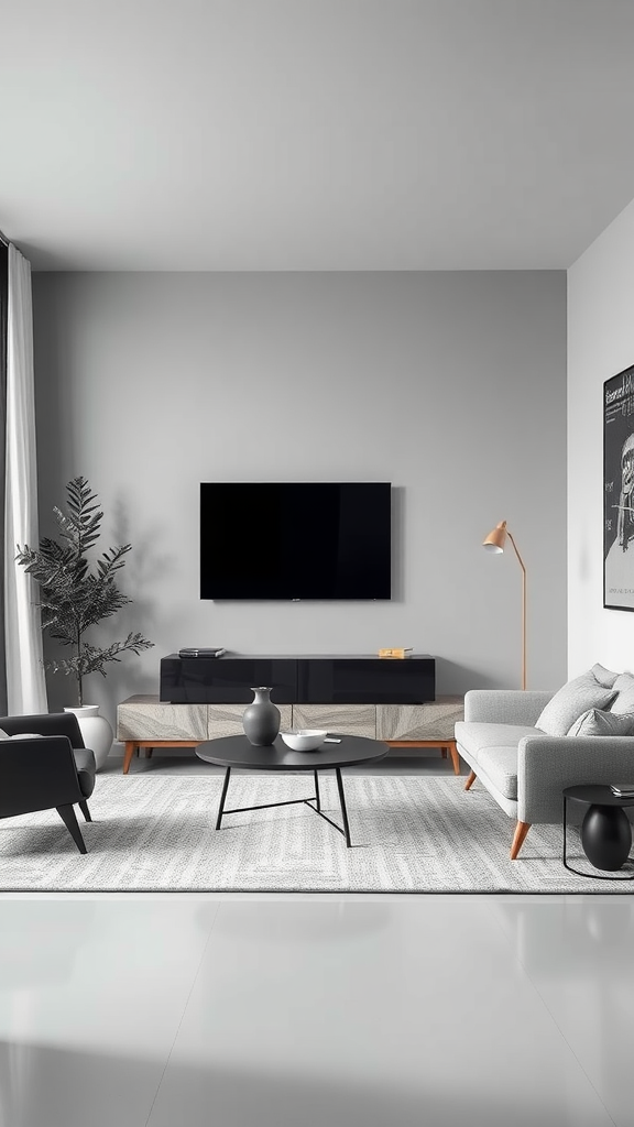 A minimalist living room featuring a monochromatic gray theme with a light gray sofa, dark coffee table, and a green plant.