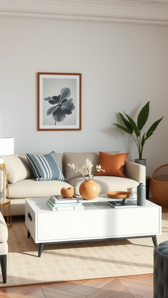 A modern living room featuring a multi-functional coffee table with decorative items, a cozy sofa, and plant accents.