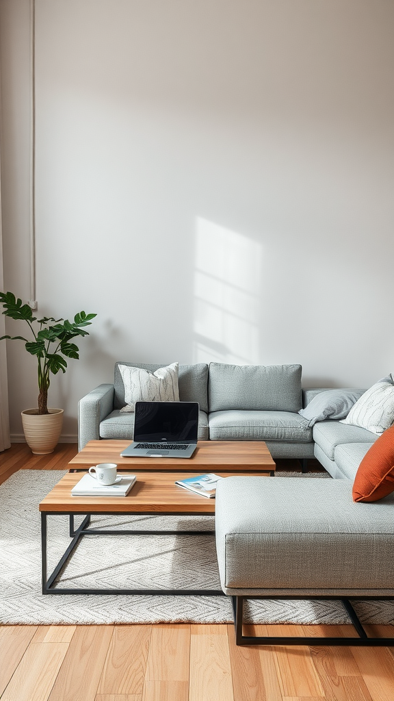 A minimalist living room with a cozy couch, coffee table, laptop, and a plant.