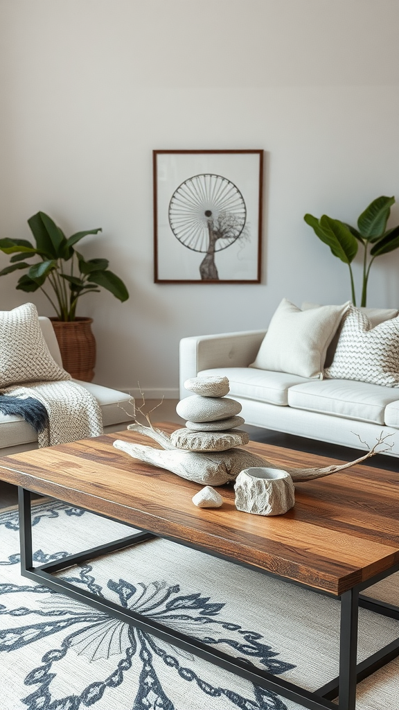 A living room with a wooden coffee table featuring a centerpiece of stacked stones on driftwood, surrounded by plants and comfortable seating.