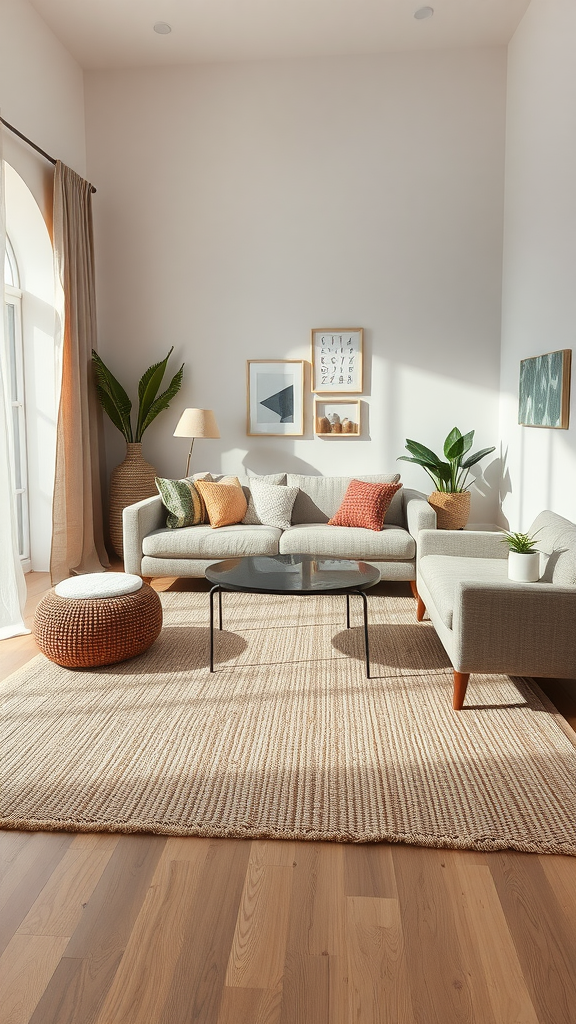 A cozy living room featuring a natural fiber rug, plants, and comfortable seating.