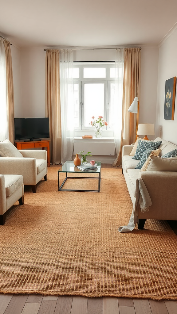 A cozy living room featuring a natural fiber rug, light furniture, and a bright window.