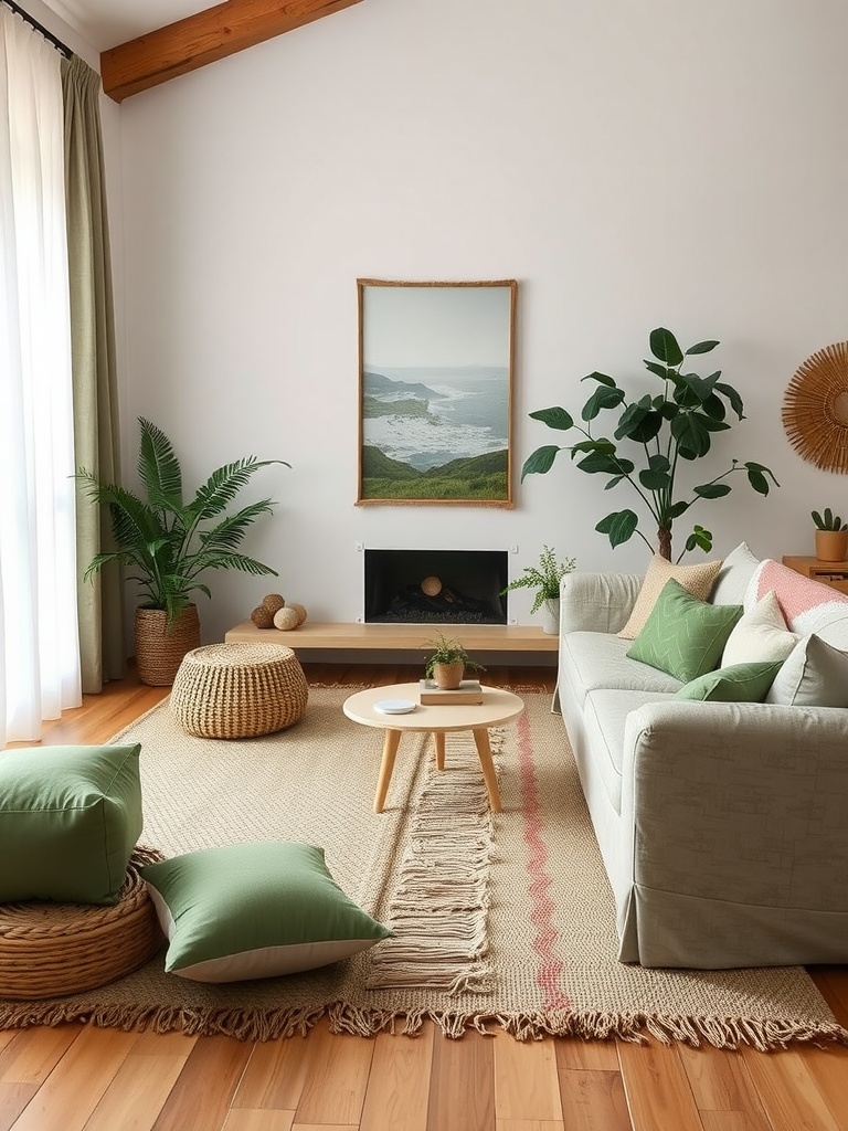 A cozy living room featuring natural fiber textiles, greenery, and a calming atmosphere.