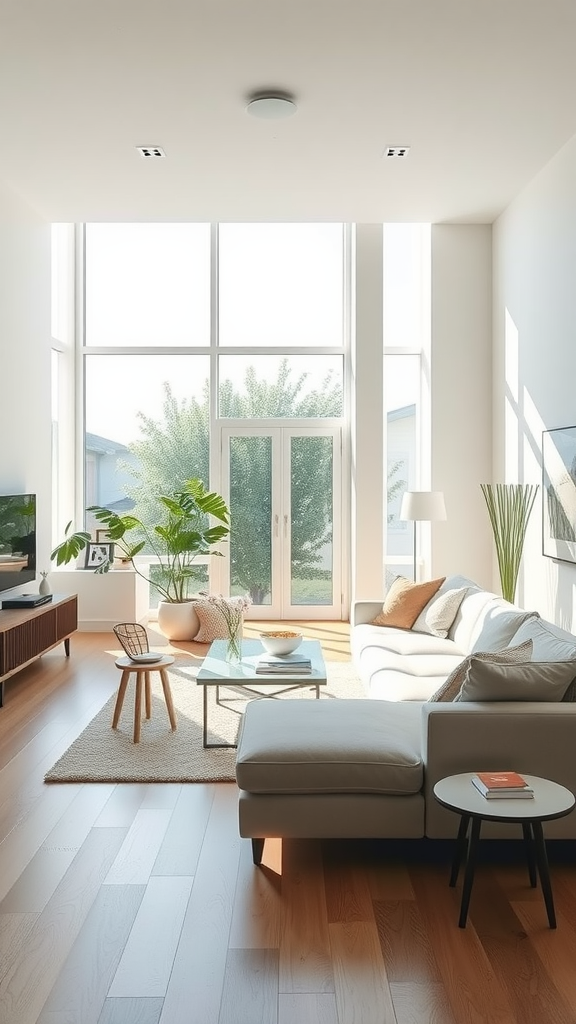 A bright, minimalist living room with large windows, plants, and soft-colored furniture.