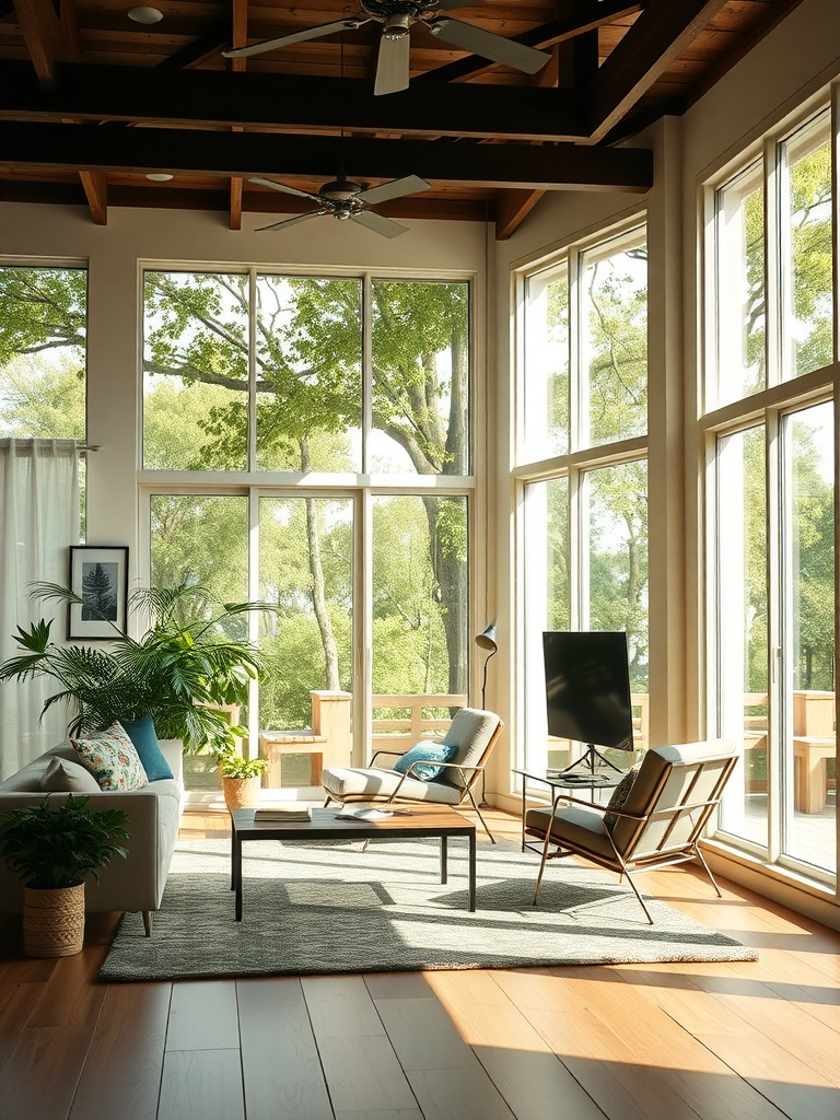 Bright and airy living room with large windows, plants, and comfortable seating.