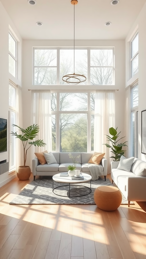 Bright living room with large windows allowing natural light in, featuring plants and neutral-colored furniture.