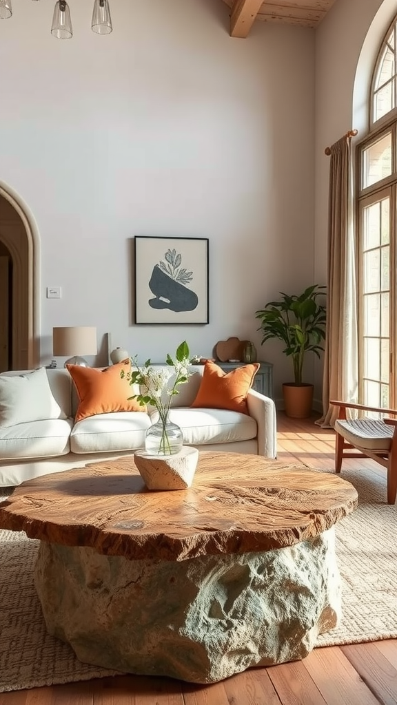 A stylish coffee table made of wood and stone in a living room setting