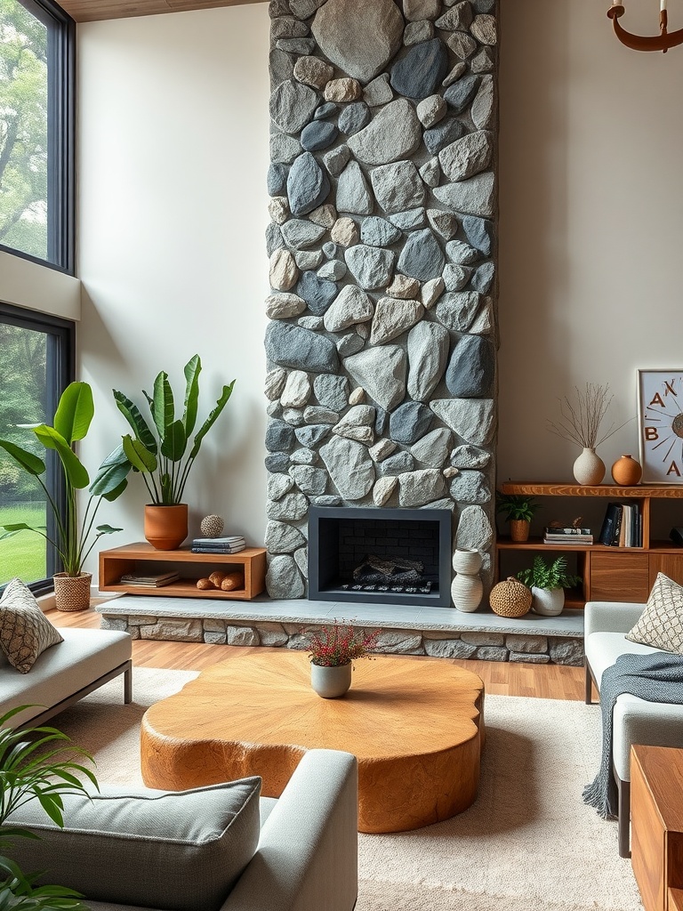 A cozy living room featuring a large stone fireplace, natural wood coffee table, and potted plants.