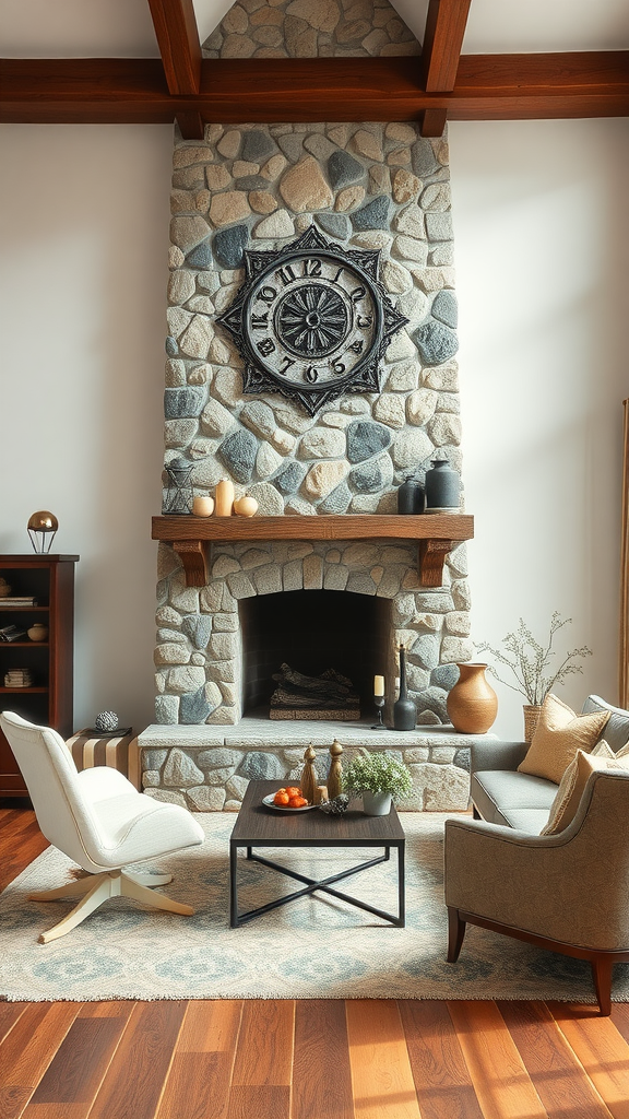 A living room featuring a natural stone fireplace with wooden beams and cozy seating.