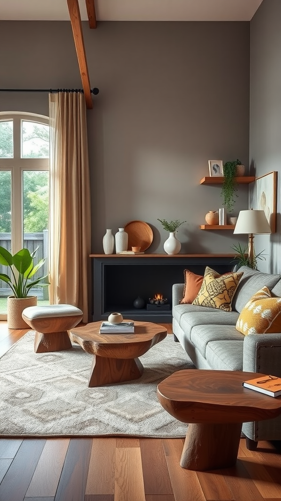 A cozy living room featuring natural wood accents with wooden tables, a gray couch, and decorative items.