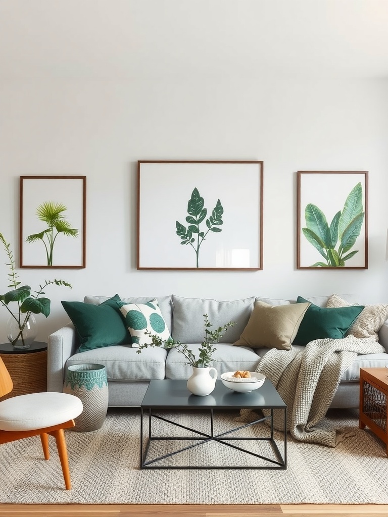 A modern living room with nature-inspired art featuring botanical prints on the wall, a cozy gray sofa, and contrasting decor elements.