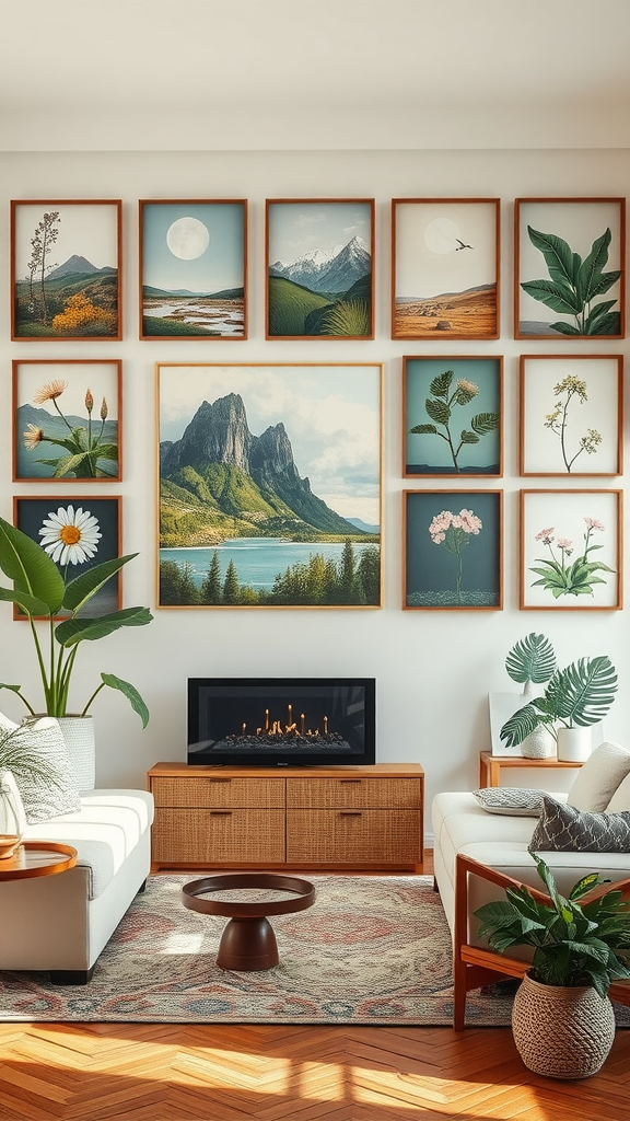 A cozy living room with nature-inspired artwork on the wall, featuring mountain landscapes, flowers, and plants.