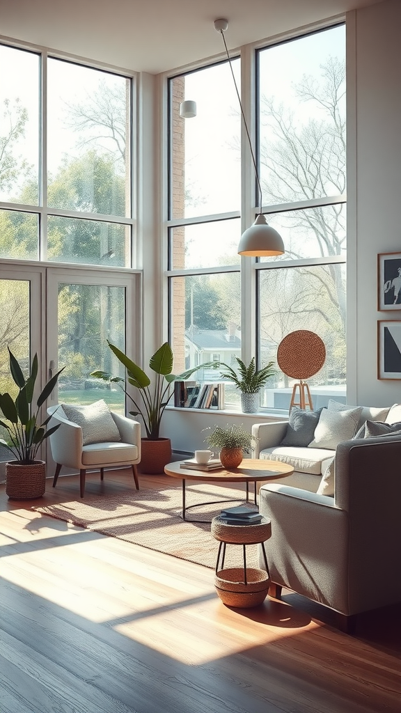 A bright and airy living room with large windows allowing natural light, featuring indoor plants and a modern pendant light.