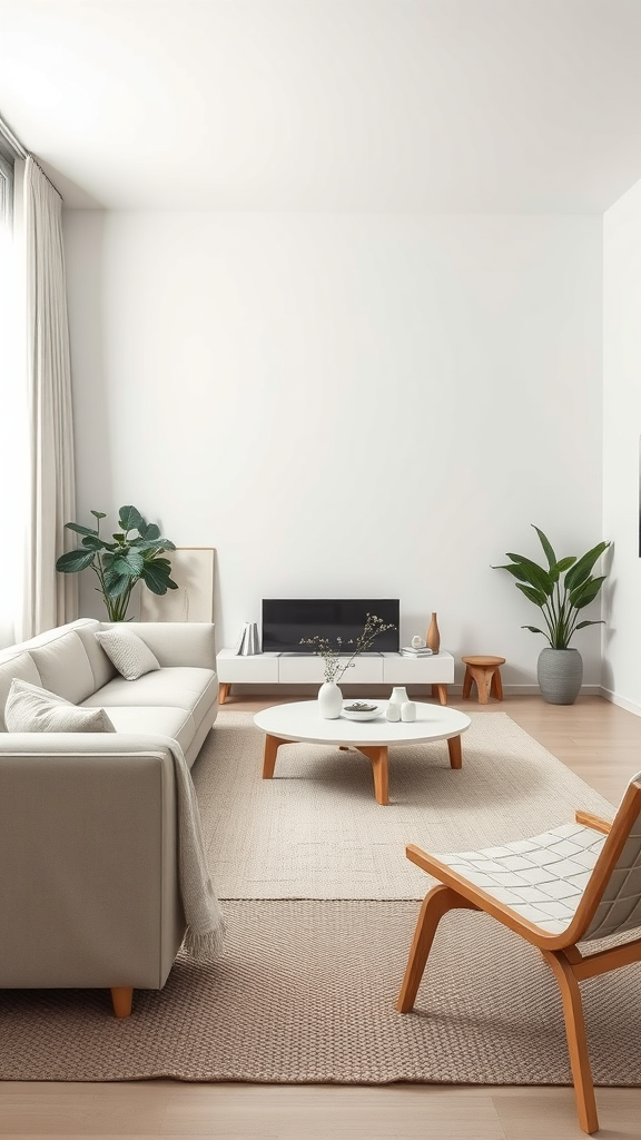 A minimalist living room featuring neutral color palettes, with a beige sofa, wooden furniture, and indoor plants.