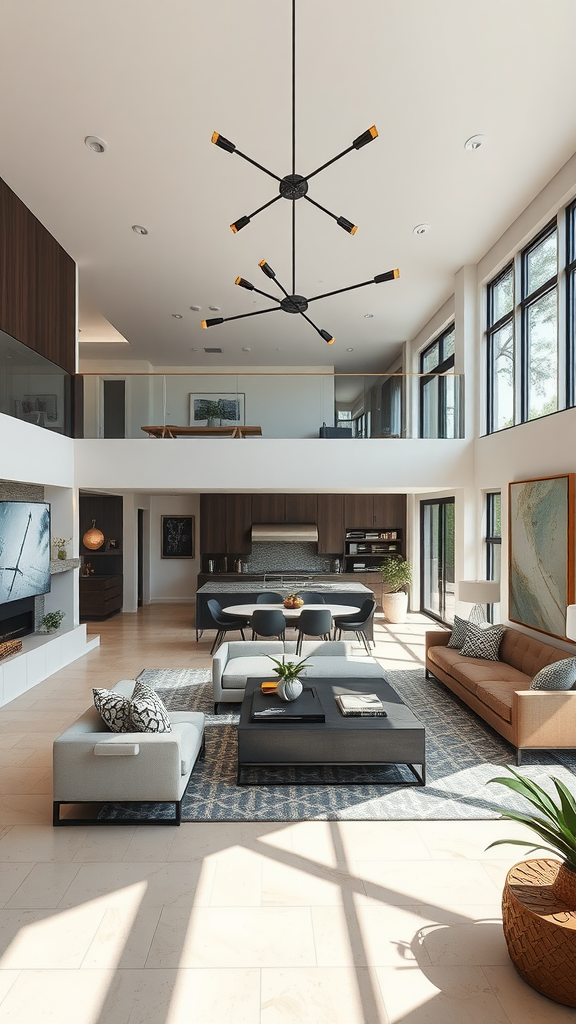 Modern open-concept living room with high ceilings, large windows, and stylish furniture.