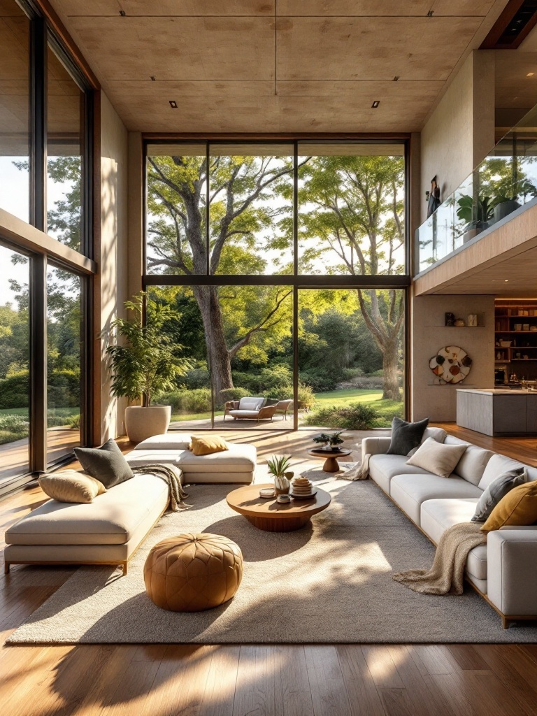 A spacious living room with large windows, light wood flooring, and cozy sofas, featuring plants for a natural touch.