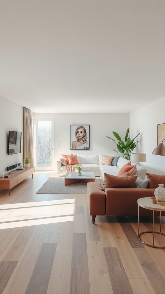 A bright and airy open space living room with light colors, a cozy seating arrangement, and natural light.