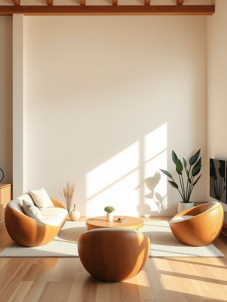 A calming living room featuring organic-shaped wooden furniture, a light color palette, and green plants.