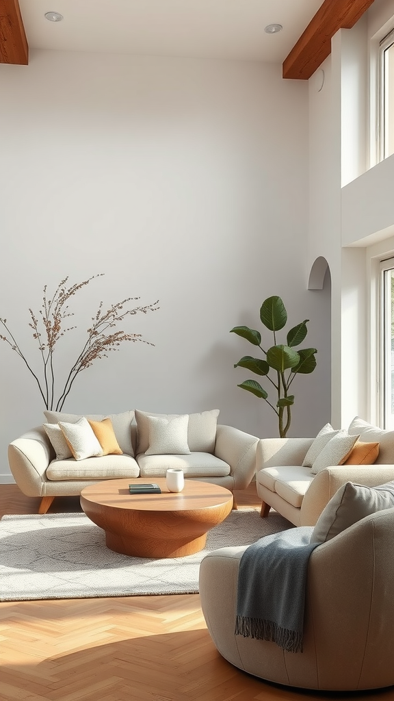 A cozy living room featuring organic-shaped furniture with a round coffee table and soft-edged couches.