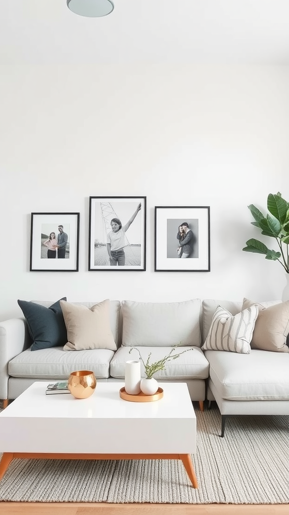 A minimalist living room featuring a light sofa with pillows, framed black-and-white photographs on the wall, a simple coffee table, and a plant.