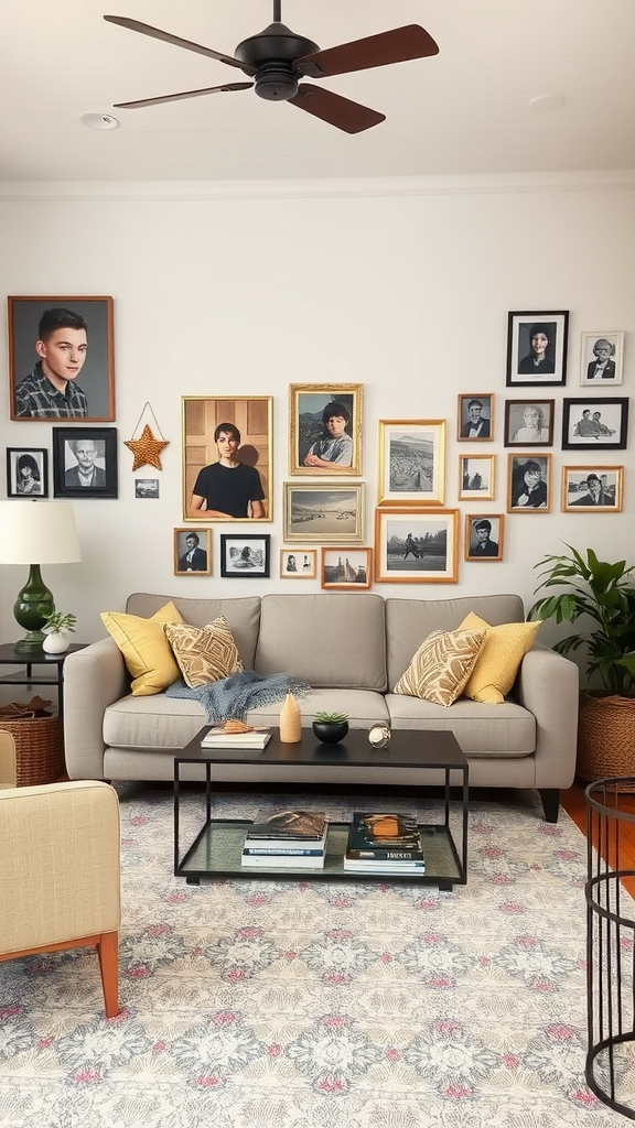 A modern living room featuring a cozy sofa, vibrant pillows, a wall of framed photographs, a coffee table with books, and decorative plants.