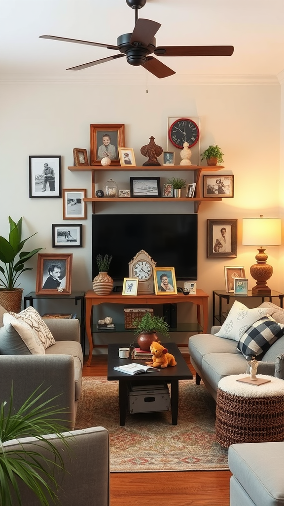 Cozy living room with personalized accessories including framed photos, plants, and decorative items.