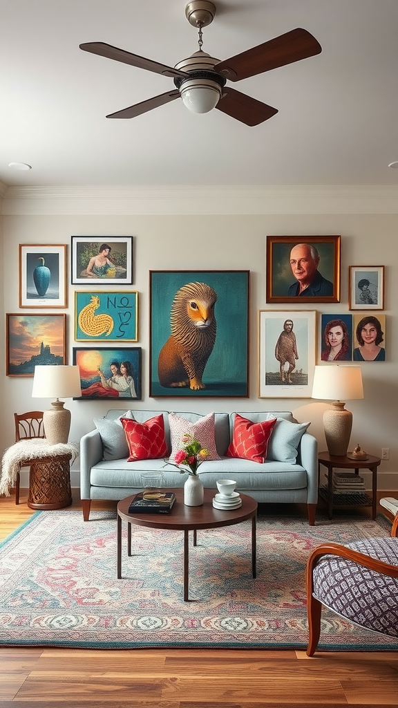 A cozy living room featuring a gallery wall with various artworks, a comfortable couch with colorful pillows, and a small coffee table.