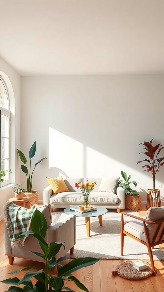 Bright living room with plants and natural decor