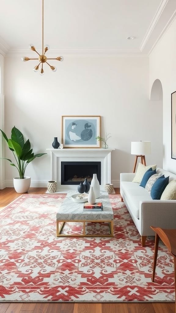 A stylish living room featuring a statement rug with a red pattern, complemented by modern furniture and decor.