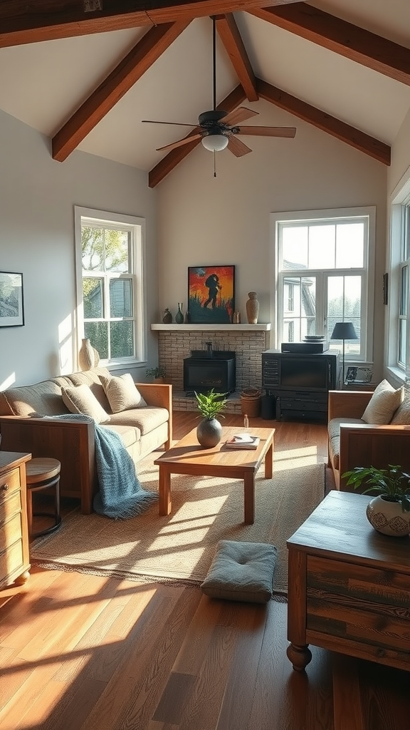 A bright living room featuring reclaimed wood furniture, including a sofa, coffee table, and side tables, with natural light streaming in.