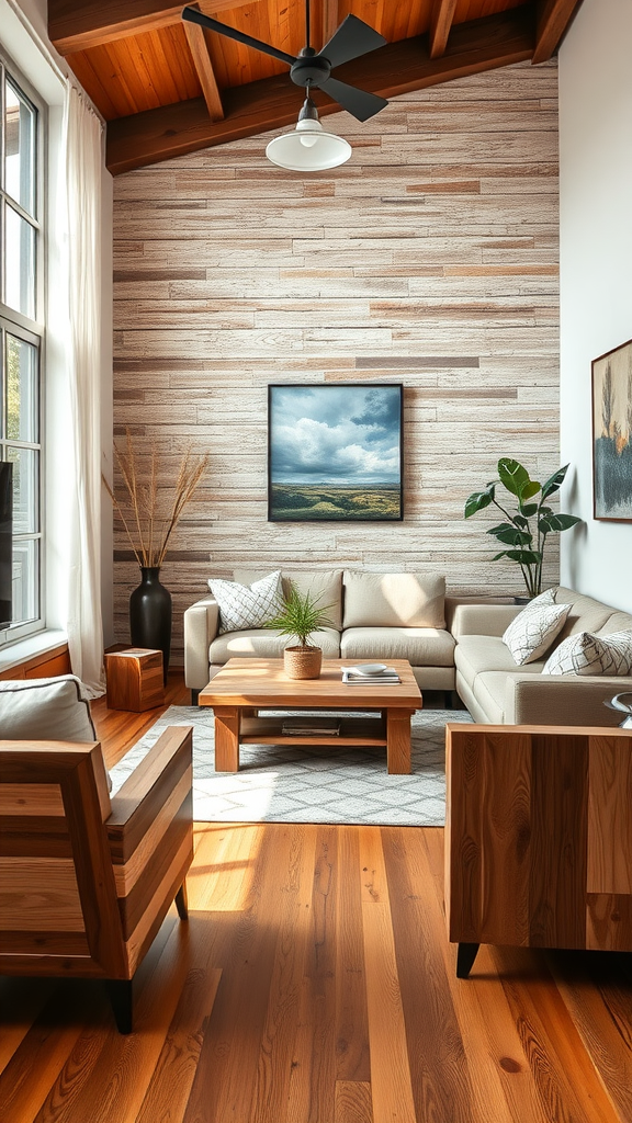 A cozy living room with reclaimed wood furniture, featuring a coffee table and chairs, surrounded by plants and natural light.