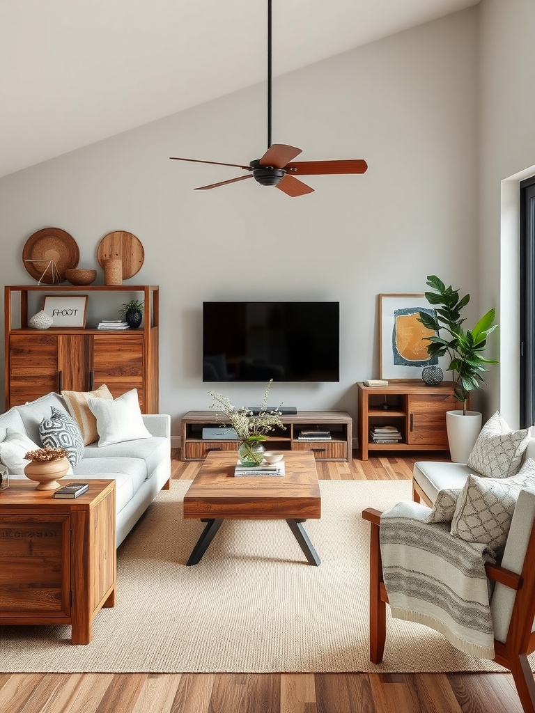 Cozy living room featuring reclaimed wood furniture, a fireplace, and natural decor.