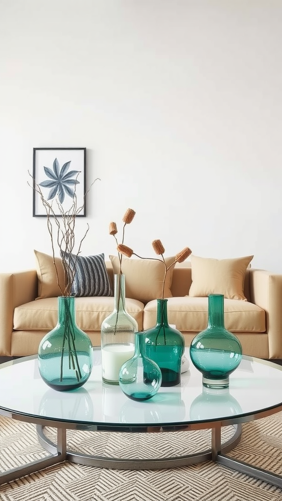 A living room with recycled glass vases in shades of teal on a coffee table, complemented by a neutral sofa and patterned rug.