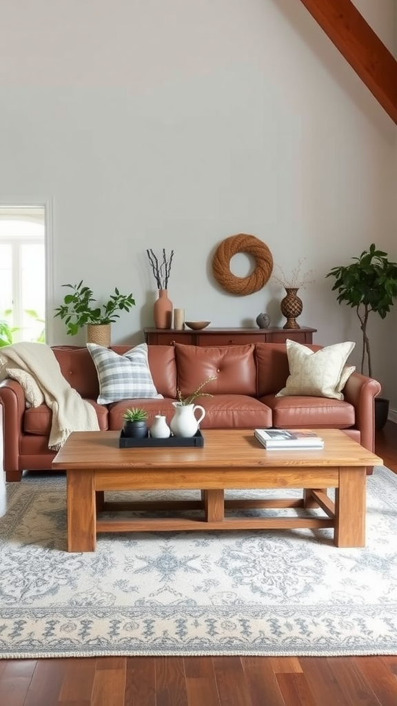 A rustic wooden coffee table in a cozy living room setting with a leather sofa and decorative pillows.