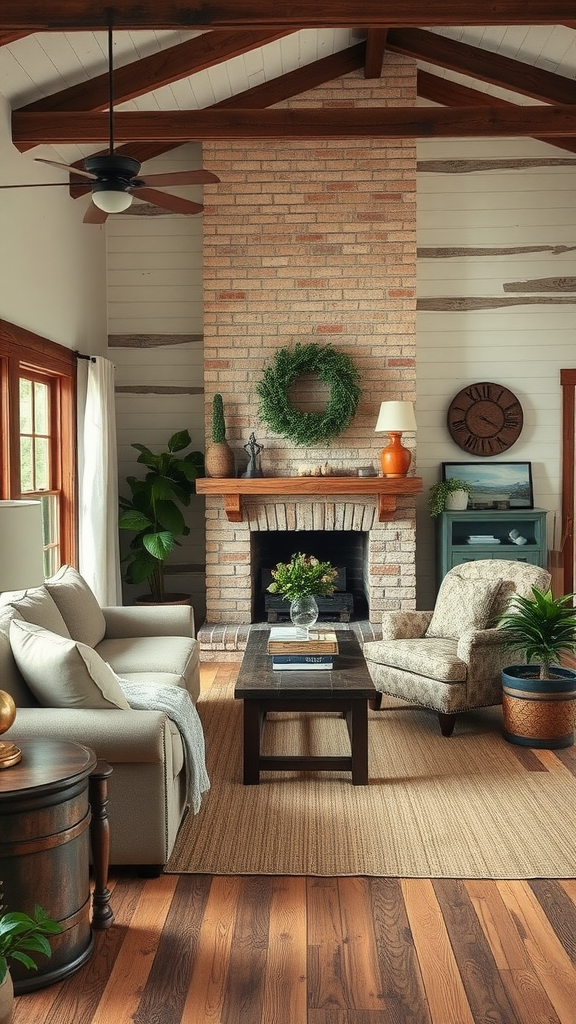 Cozy living room with rustic farmhouse decor featuring a brick fireplace, natural wood beams, neutral furniture, and plants.