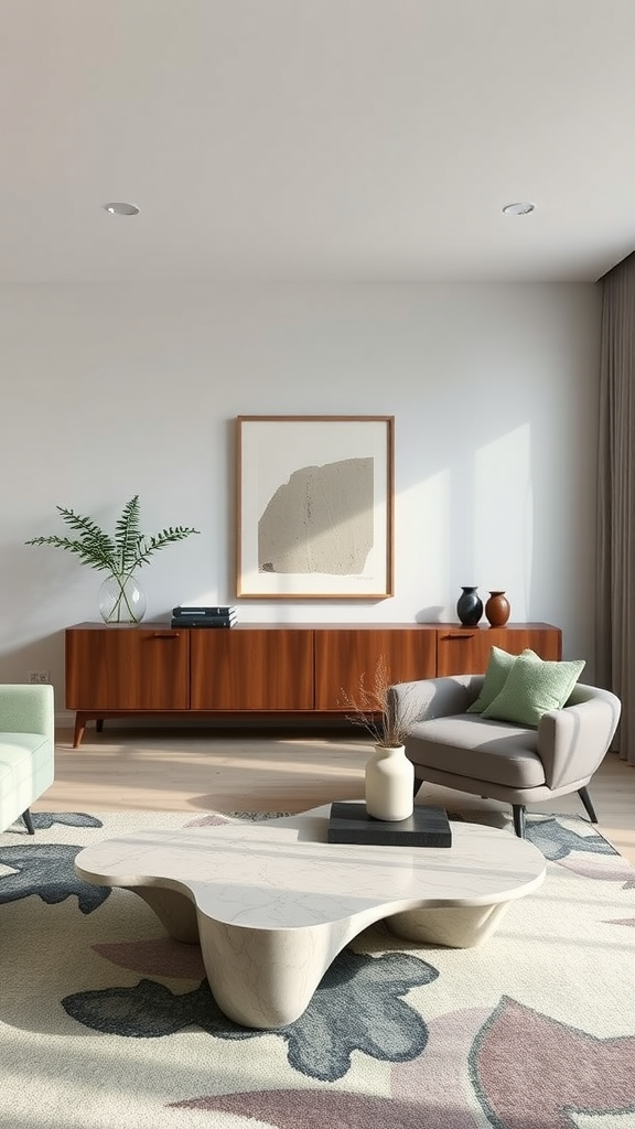 A modern living room featuring a sculptural coffee table, soft seating, and stylish decor.