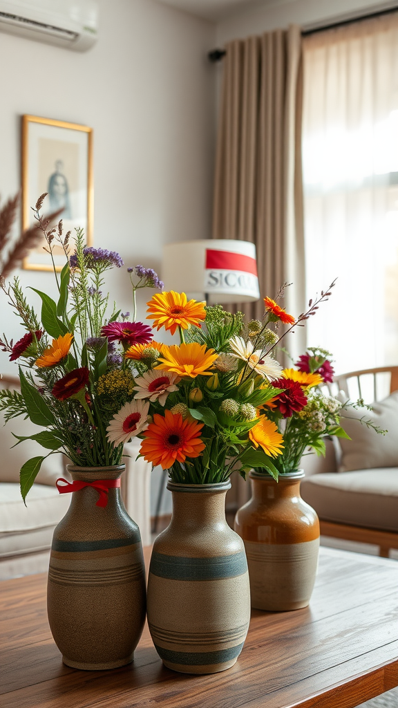 Three vases filled with colorful flowers on a wooden coffee table in a living room.