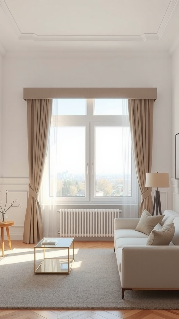 Minimalist living room with simple window treatments and soft drapes