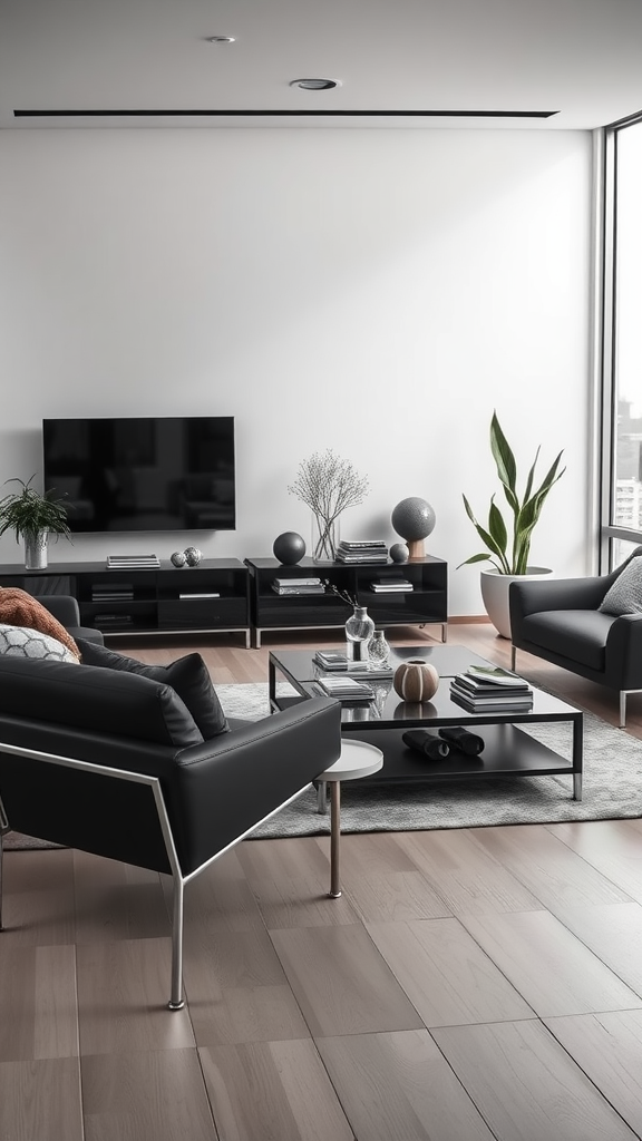 A minimalist living room featuring sleek black furniture, a coffee table, and decorative elements.