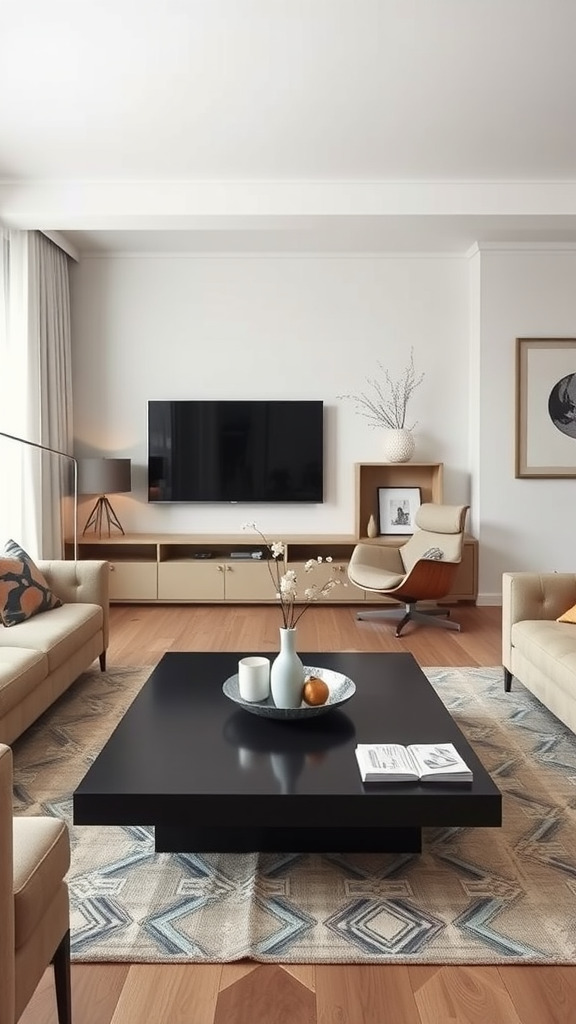 A modern living room featuring a sleek white coffee table, beige sofas, and wooden shelves with decor.