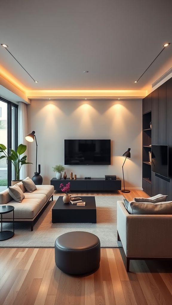 A modern living room featuring smart technology integration with a sleek design.