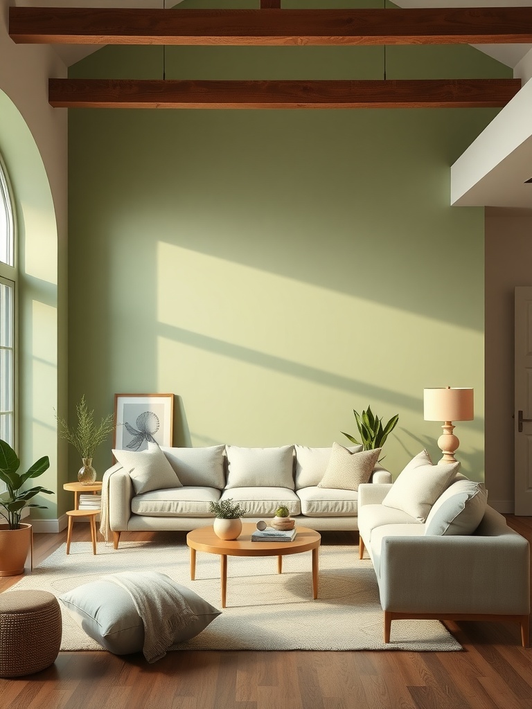 A living room featuring a soft green accent wall, light-colored furniture, wooden beams, and indoor plants, creating a calming atmosphere.