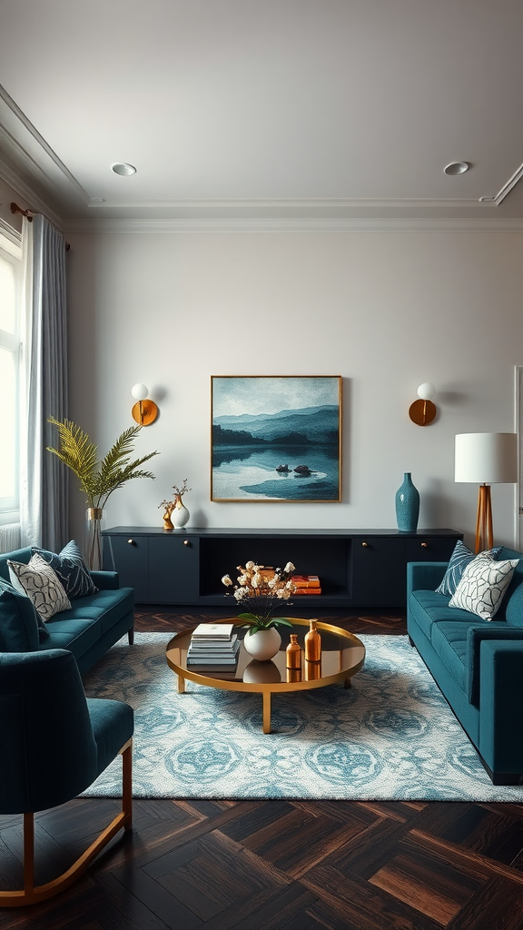 Elegant living room featuring teal sofas, wooden flooring, and stylish decor.