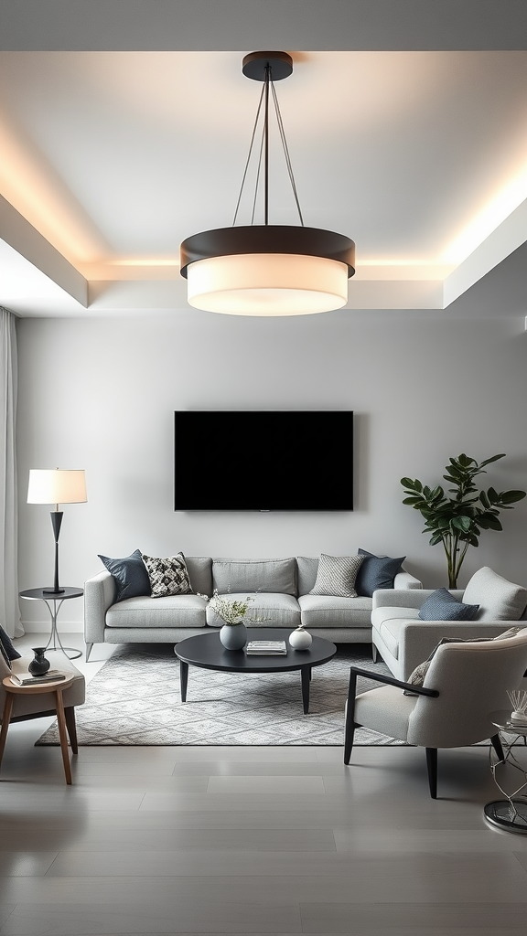 Minimalist living room with a statement pendant light and stylish furniture