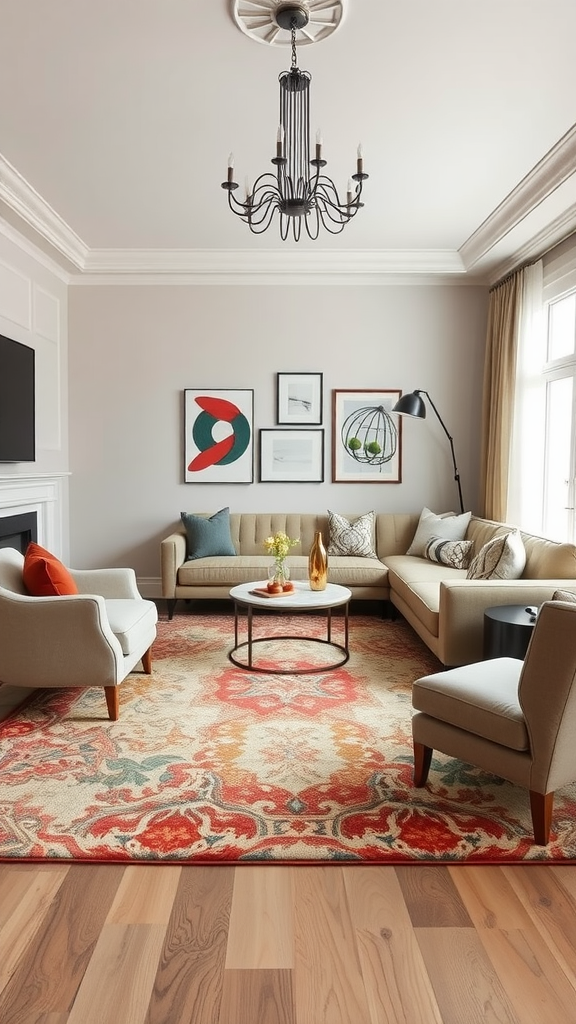 A modern living room featuring a stylish area rug, cozy seating, and decorative art.