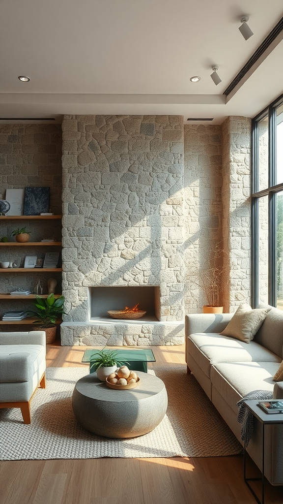 A modern living room featuring a stone accent wall, wooden furniture, a round coffee table, and plants.